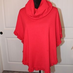 Soft Red Ruffle Cowl Neck Sweater Poncho W/Button